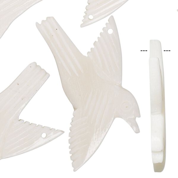 Focal, bone (bleached), white, 37x33mm single-sided carved bird, Mohs hardness 2-1/2. Sold per pkg of 3 pairs. image number 0