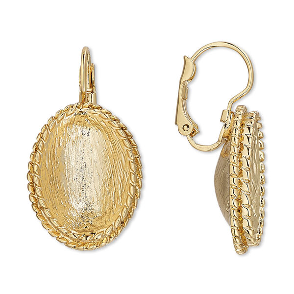Ear wire, Almost Instant Jewelry®, gold-finished brass and "pewter" (zinc-based alloy), 32mm leverback with rope edge and 18x13mm oval setting. Sold per pair. image number 0