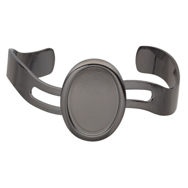 Bracelet, cuff, gunmetal-plated brass and "pewter" (zinc-based alloy), 63x30mm with wave design and 25x18mm oval setting, adjustable. Sold individually. image number 0