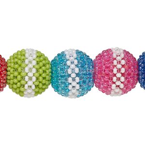 Bead, glass, opaque multicolored, 13mm round with vertical stripe design. Sold per pkg of 12.