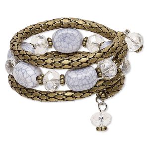 Bracelet, glass / resin / steel memory wire / antique brass-finished steel, grey / clear / white, 30mm wide with round, adjustable from 7-8 inches. Sold individually.