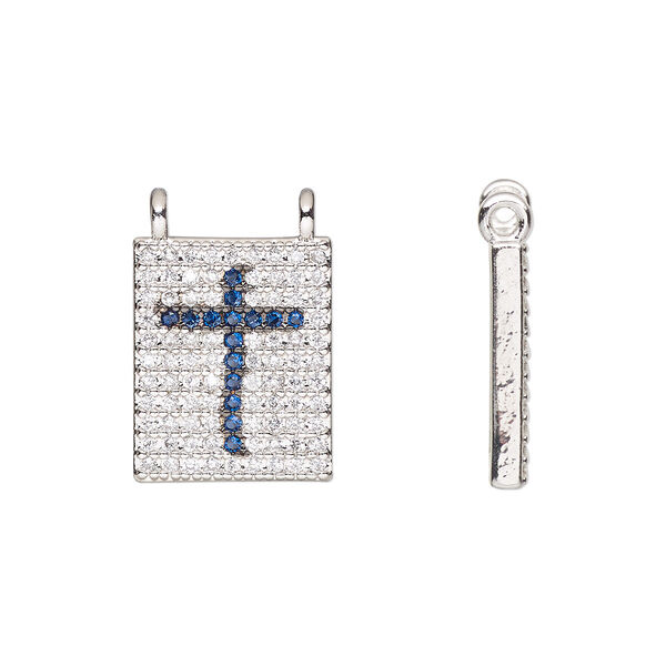 Connector, cubic zirconia and silver-finished brass, clear and dark blue, 13.5x11mm single-sided rectangle with cross. Sold individually. image number 0