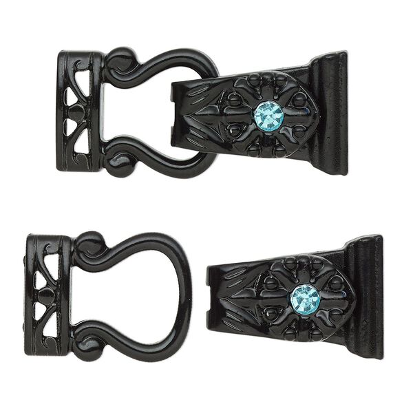 Clasp magnetic fold-over 1pkg2 "pewter" (zinc alloy), 29x13mm, black-finished / aqua blue rhinestone 2-strand image number 0
