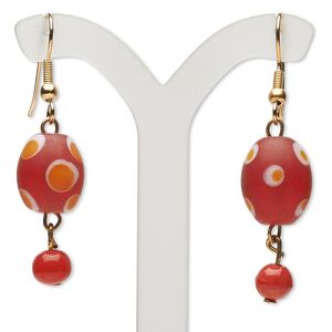 Earring, glass / lampworked glass / brass, frosted red / white / yellow, 1-3/4 inches with oval and dots with fishhook ear wire. Sold per pair.
