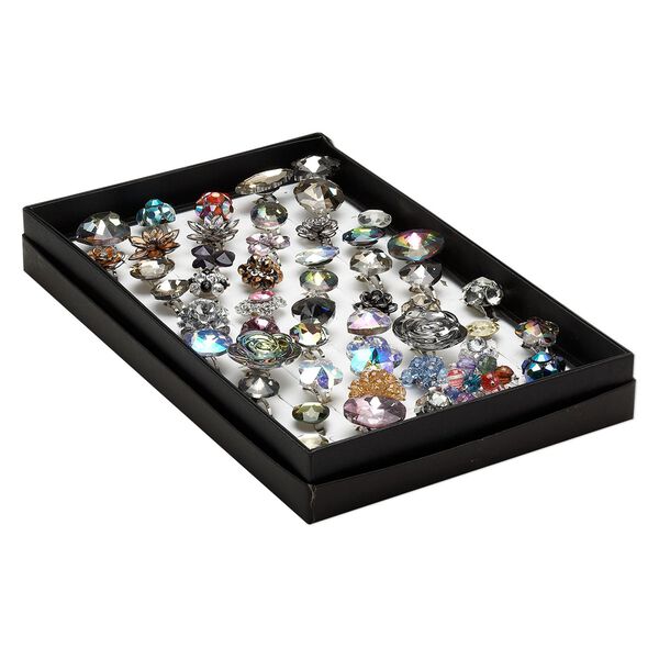 Ring mix, Everyday Jewelry, imitation rhodium-plated steel /glass / acrylic, multicolored. Sold per pkg of 50. image number 0