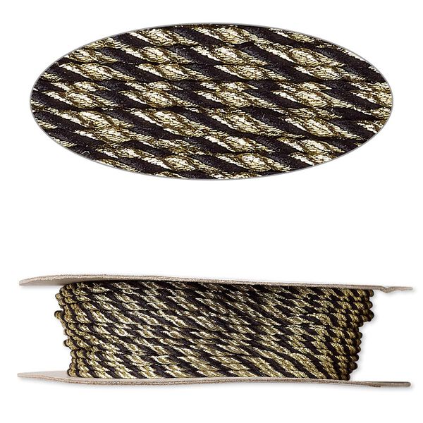 Cord, nylon, black and metallic gold, 2mm round. Sold per 100-foot spool. image number 0