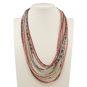 Necklace, 16-strand, glass with silver- and gunmetal-plated steel, red / salmon pink / cream, 24 inches with 2-inch extender chain and lobster claw clasp. Sold individually.