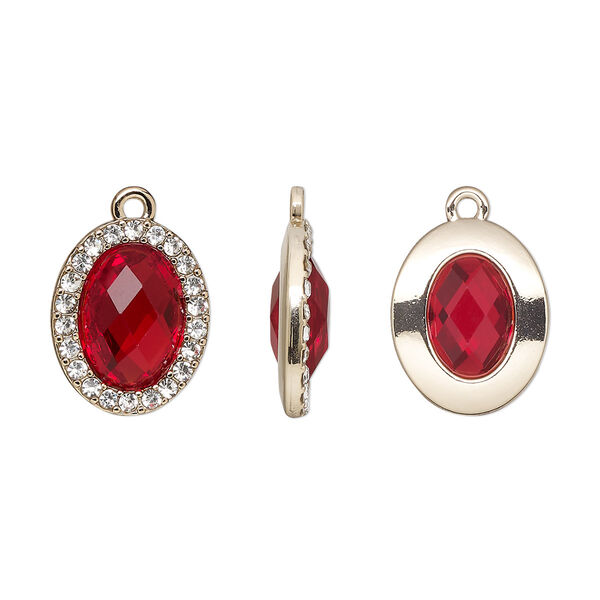 Drop, glass / glass rhinestone / gold-finished "pewter" (zinc-based alloy), clear and transparent ruby red, 19x15.5mm single-sided oval. Sold per pkg of 2. image number 0