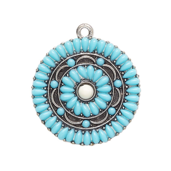 Drop, antique silver-finished "pewter" (zinc-based alloy) and "turquoise" (resin) (imitation), turquoise blue, 28mm single-sided round. Sold per pkg of 2. image number 0