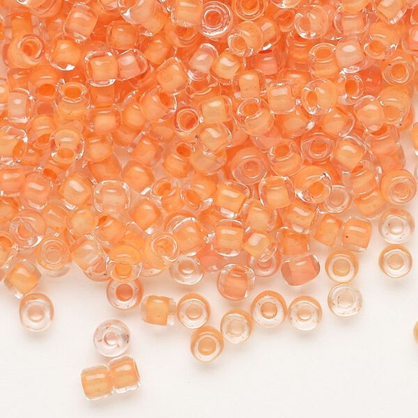 Seed bead, Dyna-Mites™, glass, translucent inside color tangerine, #6 round. Sold per 40-gram pkg. image number 0