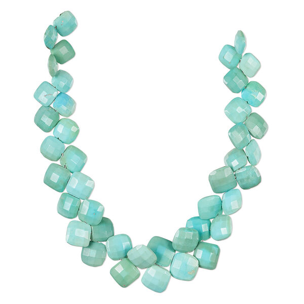 Bead, turquoise (dyed / stabilized), blue-green, 7-14mm graduated hand-cut top-drilled checkerboard-faceted puffed diamond, B- grade, Mohs hardness 5 to 6. Sold per 8-inch strand, approximately 40 beads. image number 0