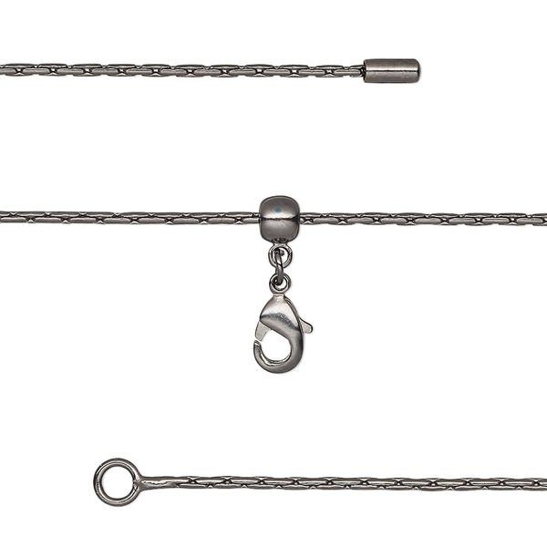 Chain, silicone and black-finished brass, 1mm Boston link, adjustable from 16 to 23-1/2 inches with lobster claw clasp and adjustable slider bead. Sold individually. image number 0