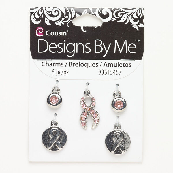 Charm drop assortment "pewter" zinc-based alloy glass 5pk 10-20x12mm breast cancer single-sided mixed shape, antique silver finish pink image number 0
