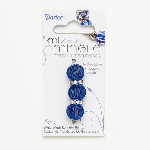 Bead, glass rhinestone with painted steel and "pewter (zinc-based alloy), royal blue and clear, 12x4mm rondelle and 14x11mm-14x13mm mesh rondelle, 5mm hole. Sold per pkg of 5. image number 0