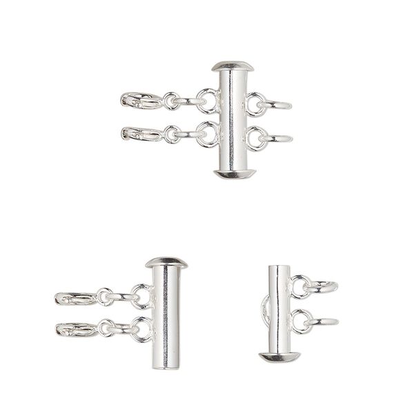 Clasp, 2-strand slide lock, silver-finished brass, 17x6mm round tube with 2 springring clasps and (2) 5mm open jump rings. Sold per pkg of 10. image number 0