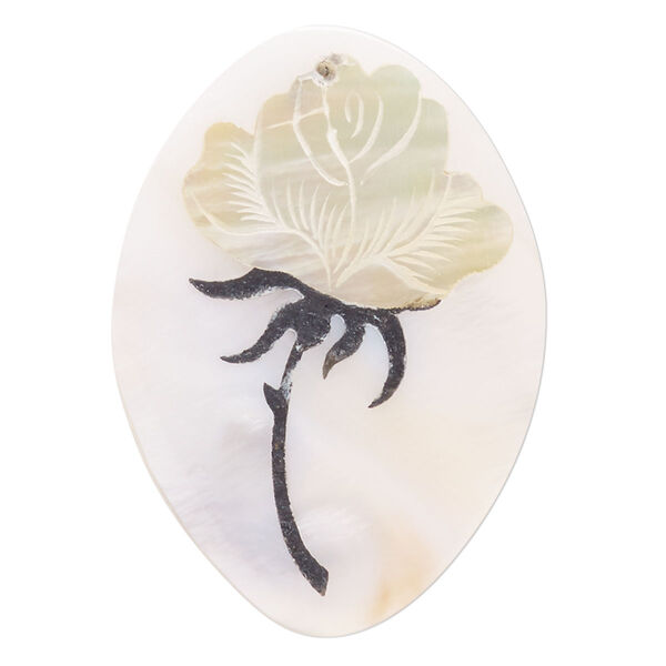 Focal, mother-of-pearl shell / golden lip shell (natural) / enamel, black, 41x29mm-42x30mm top-drilled single-sided flat marquise with rose, Mohs hardness 3-1/2. Sold individually. image number 0