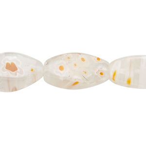 Bead, millefiori glass, translucent clear / orange / white, 20x10mm 4-sided twisted oval with flower design. Sold per 14-inch strand.