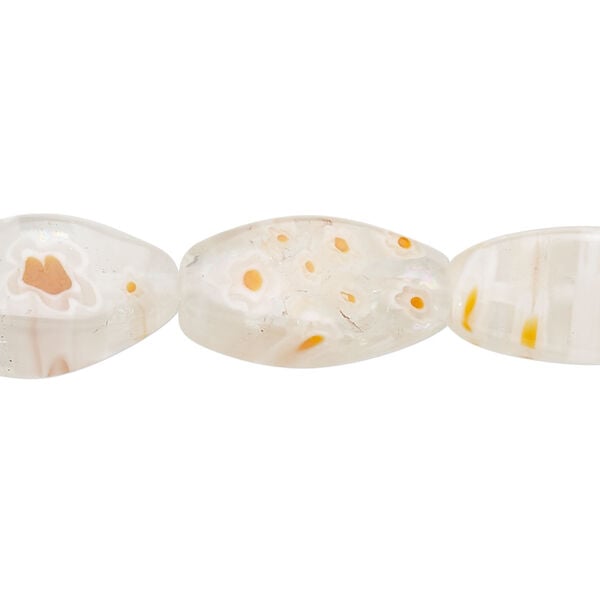 Bead, millefiori glass, translucent clear / orange / white, 20x10mm 4-sided twisted oval with flower design. Sold per 14-inch strand. image number 0