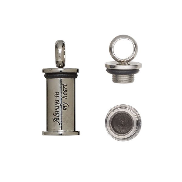 Pendant, stainless steel and silicone, black, 22x9mm cylinder with watertight chamber and "Always in my heart." Sold individually. image number 0
