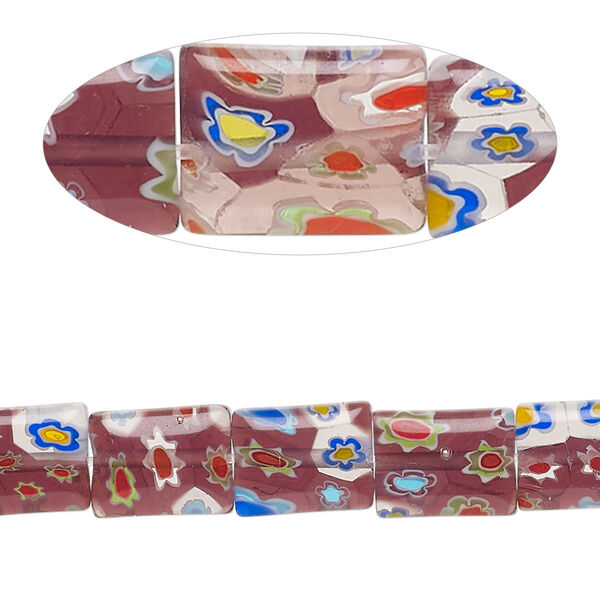 Bead, millefiori glass, translucent purple and multicolored, 10x8mm puffed rectangle with flower design. Sold per 14-inch strand. image number 0