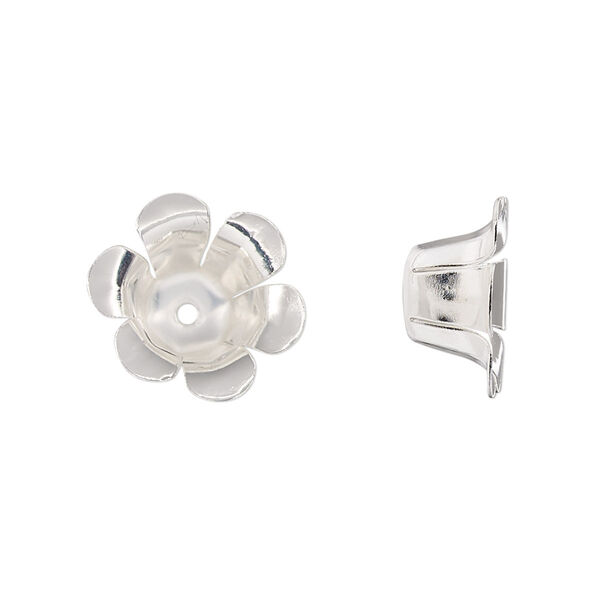 Bead cap, silver-finished steel, 15x7mm flower, fits 8-10mm round bead. Sold per pkg of 20. image number 0