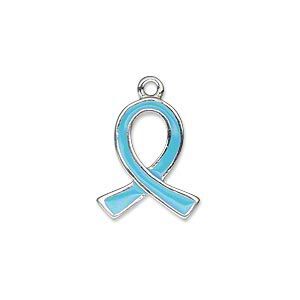 Charm, silver-plated "pewter" (zinc-based alloy) and enamel, light blue, 18x15mm single-sided awareness ribbon. Sold individually.