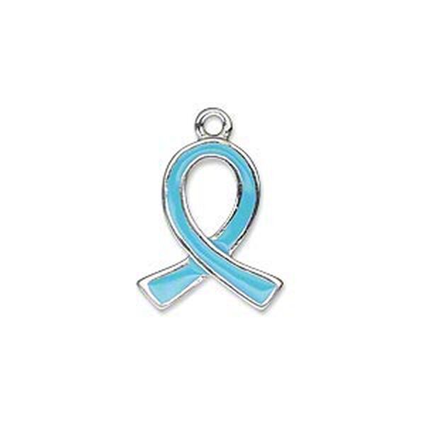 Charm, silver-plated "pewter" (zinc-based alloy) and enamel, light blue, 18x15mm single-sided awareness ribbon. Sold individually. image number 0