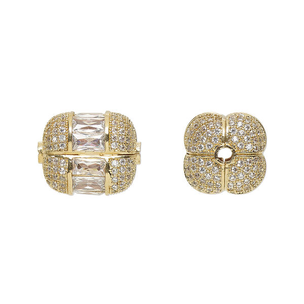 Bead, glass rhinestone and gold-finished brass, clear, 15x12mm fancy square tube. Sold individually. image number 0