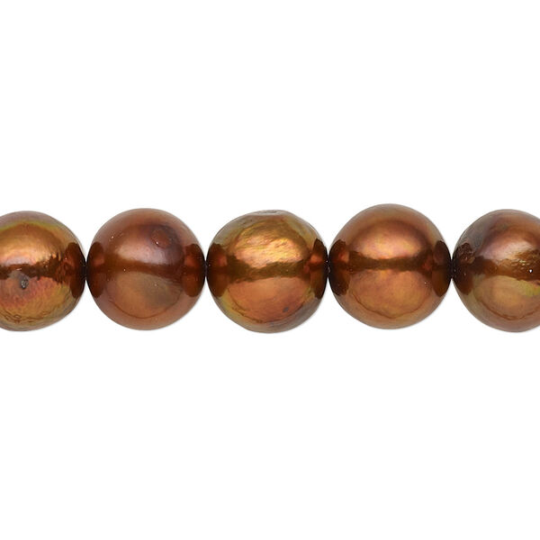 Pearl, cultured freshwater (dyed), copper, 9-11mm semi-round with 0.4mm hole, C grade, Mohs hardness 2-1/2 to 4. Sold per 15-inch strand. image number 0