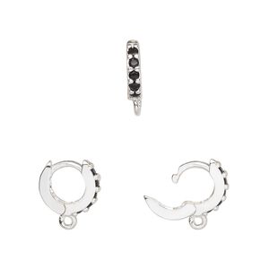 Hoop, silver-finished brass and glass, black, 11mm hoop, 18 gauge. Sold per pair.