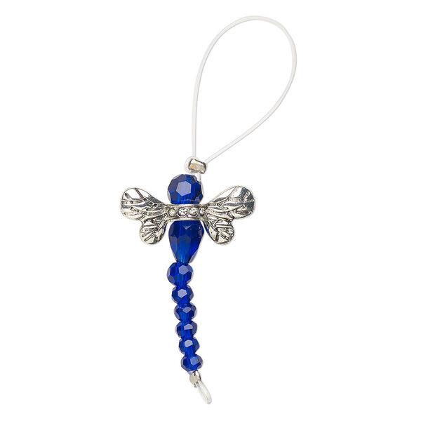 Bead, glass / glass rhinestone / antique silver finish "pewter" (zinc-based alloy), transparent clear and cobalt, 32x22mm dragonfly. Sold per pkg of 2. image number 0