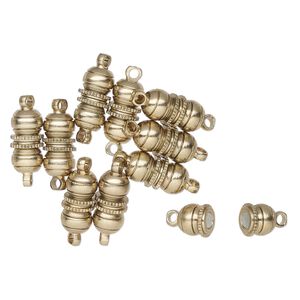 Clasp magnetic 1pkg10, 12x6mm double ball, antique brass-finished brass 1-strand