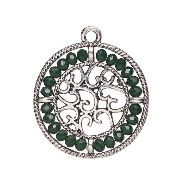 Drop, glass and antique silver-finished "pewter" (zinc-based alloy), emerald green, 28mm round with hearts and beaded border. Sold per pkg of 2. image number 0