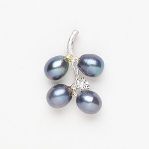 Brass / cultured freshwater pearl / glass rhinestone 1pkg1, branch pendant, silver-finished / purple peacock / clear 24x17mm-26x18mm