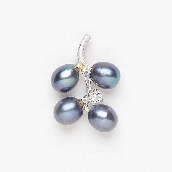 Brass / cultured freshwater pearl / glass rhinestone 1pkg1, branch pendant, silver-finished / purple peacock / clear 24x17mm-26x18mm image number 0