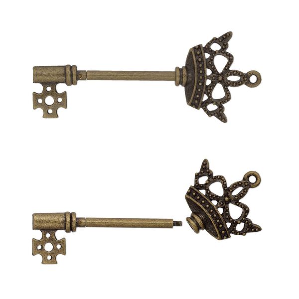Focal, bead pin, antique brass-finished "pewter" (zinc-based alloy) and brass, 70x30mm single-sided key with crown and twist-off head, 32mm beadable length. Sold individually. image number 0