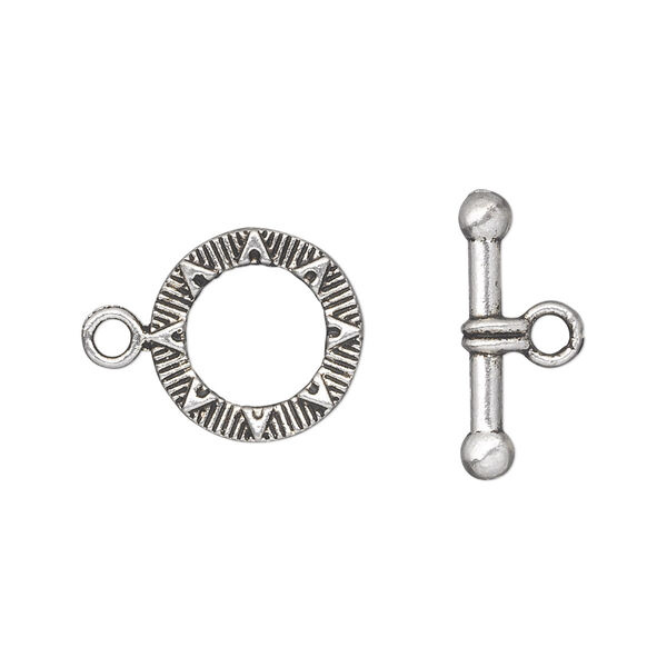 Clasp, toggle, antique silver-plated "pewter" (zinc-based alloy), 14mm double-sided round with sun design. Sold per pkg of 20. image number 0