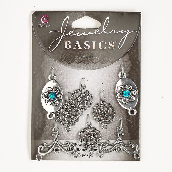 Link and drop assortment, antique silver-finished brass and glass, teal, 14.5mm-20x14mm mixed shapes. Sold per pkg of 8. image number 0