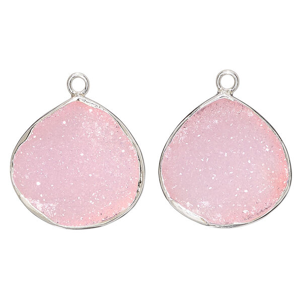 Drop, druzy agate (dyed) and sterling silver, pink, 20x20mm single-sided teardrop. Sold per pkg of 2. image number 0