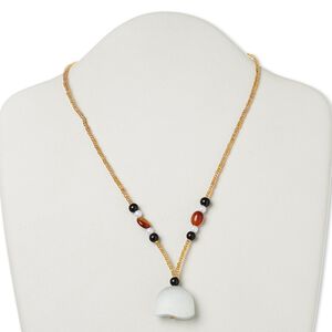 Red agate / glass / "pewter" (zinc-based alloy) 1pkg1, silver-finished / antique gold-finished half-round pendant necklace 17 inch / lobster claw clasp 26x20mm