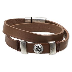 Bracelet, wrap, Czech glass rhinestone / leather (dyed) / antique silver-finished "pewter" (zinc-based alloy), brown and smoke, 10mm wide, 7-1/2 inches with 23x14mm magnetic clasp. Sold individually.