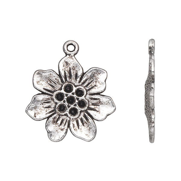 Charm, antique silver-plated "pewter" (zinc-based alloy), 22x21mm single-sided flower. Sold per pkg of 10. image number 0