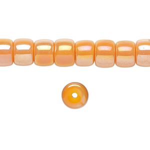 Bead, glass, opaque orange rainbow, 8x6mm barrel. Sold per 15-1/2 to 16-inch strand.