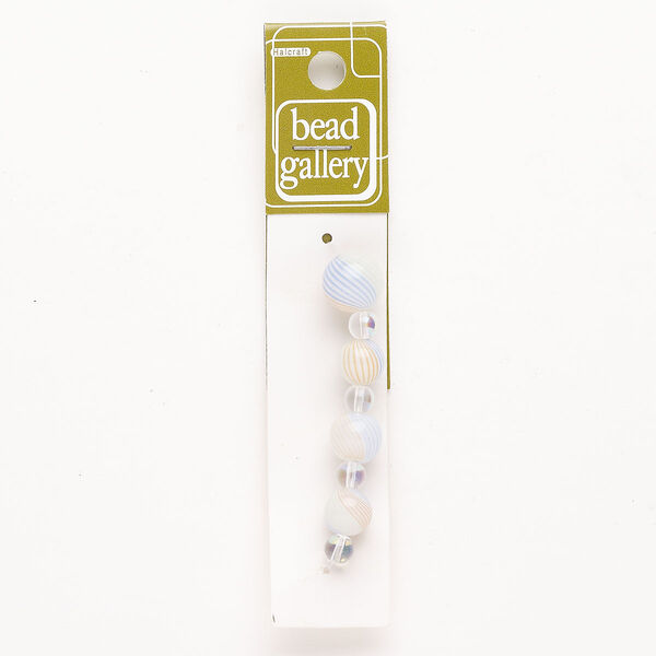 Bead 1pkg4 handblown glass, 10-13mm round / line design, assortment translucent white / multicolored image number 0