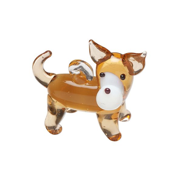 Drop, lampworked glass, translucent brown / white / black, 30x26mm 3D dog. Sold individually. image number 0