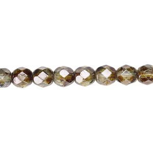 Bead 1pkg60 Czech fire-polished glass, 6mm faceted round, translucent half-coated luster peridot green