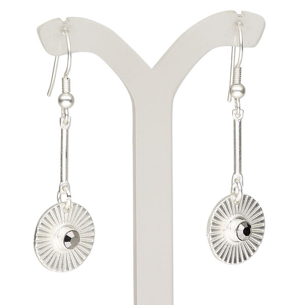 Earring, glass rhinestone with silver-plated brass and "pewter" (zinc-based alloy), black, 2 inches with matte flat round and fishhook ear wire. Sold per pair. image number 0