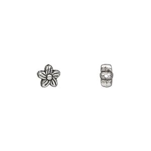 Bead, antique silver-plated "pewter" (zinc-based alloy), 7x6mm double-sided flower. Sold per pkg of 50.