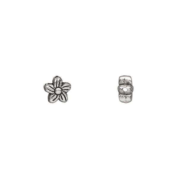 Bead, antique silver-plated "pewter" (zinc-based alloy), 7x6mm double-sided flower. Sold per pkg of 50. image number 0