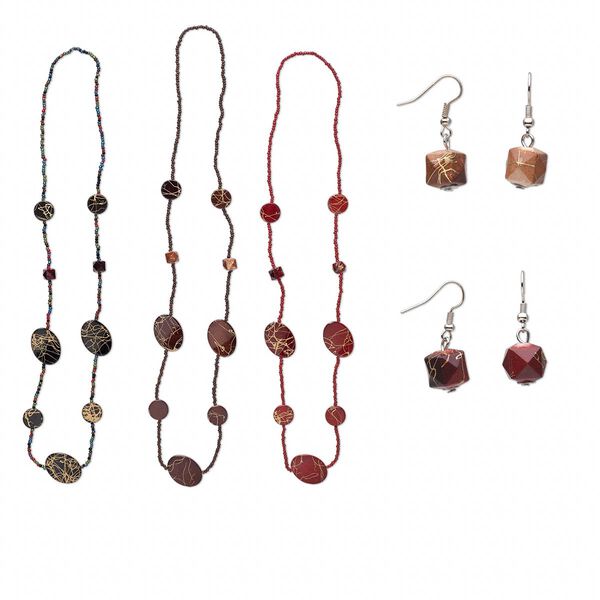 Necklace and earring mix, acrylic and imitation rhodium-finished steel, mixed colors, 30x25mm flat oval, 34-inch continuous loop, 1-1/10 inch earrings with fishhook ear wire. Sold per pkg of 6 sets. image number 0